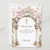 Mädchenfoto Erstkommunion rosa Blumenbogen Dankeskarte (Vorderseite)