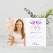 Mädchenfoto lila Schleife Konfirmation Dankeskarte (Stehend Vorderseite)