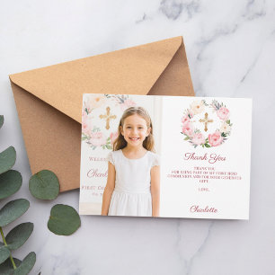 Mädchenfoto rosa Blumenkreuz Erste Kommunion Dankeskarte