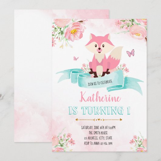 Mädchenfuchs Einladung zum Geburtstag (Vorne/Hinten)