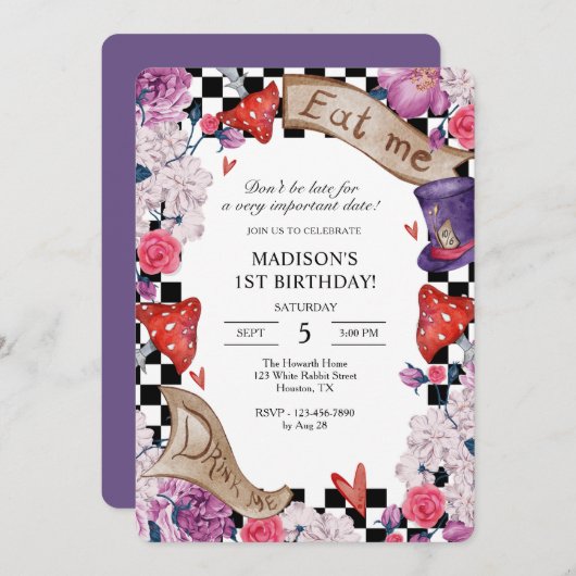 Mädchengeburtsfeier Alice im Wunderland Einladung (Vorne/Hinten)