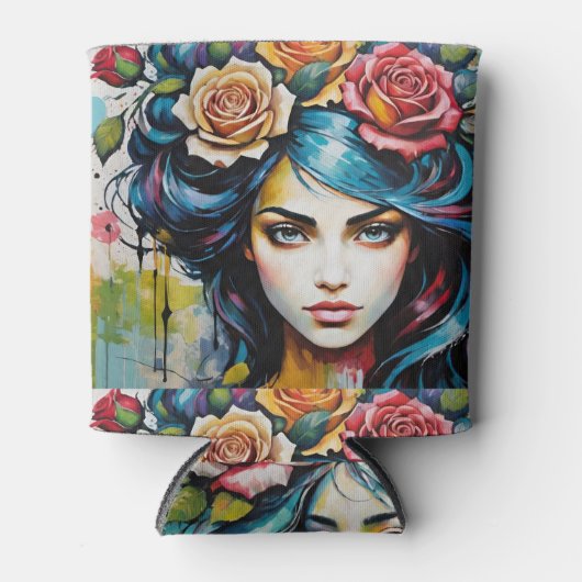 Mädchengesicht mit Rose Wasserfarbstil Dosenkühler (Vorderseite)