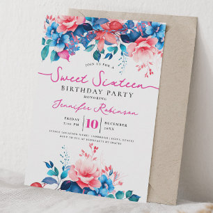 Mädchenhaft blaue rosa florale Sweet 16 Geburtstag Einladung