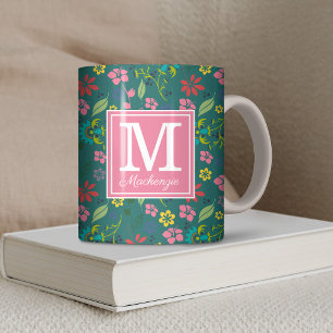 Mädchenhaft Boheme Farbige Blumen Teal Monogramm Kaffeetasse