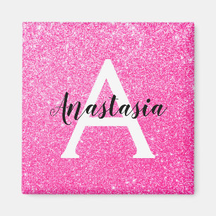 Mädchenhaft Glamourös Hot Pink Glitter Funkeln Mon Magnet