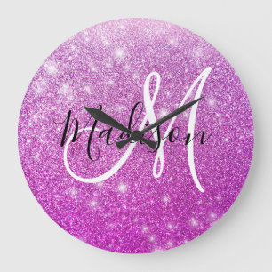Mädchenhaft & Glamourös lila Glitter Funkeln Monog Große Wanduhr