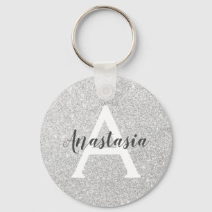 Mädchenhaft Glamouröser Silber Glitter Funkeln Mon Schlüsselanhänger