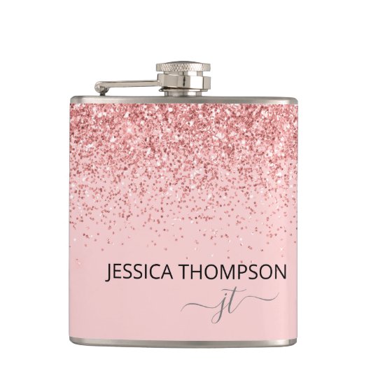 Mädchenhaft Glitter Blush Rosa Einfaches Monogramm Flachmann (Vorderseite)