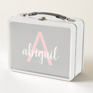 Mädchenhaft grauer Rosé moderner Monogramm-Name Metall Brotdose