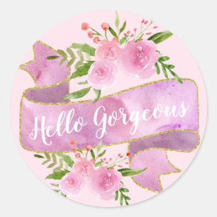 Mädchenhaft hübsche florale rosafarbene Hello Gorg Runder Aufkleber
