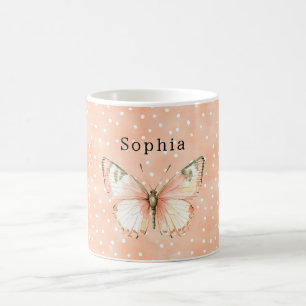 Mädchenhaft Pfirsich Weiße Punkte Schmetterling   Kaffeetasse