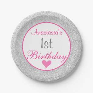Mädchenhaft Prinzessin Pink & Silber Glitter 1. Ge Pappteller