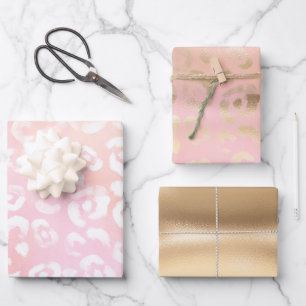 Mädchenhaft Rosa Gold Glam Leoparden Tier Geburtst Geschenkpapier Set