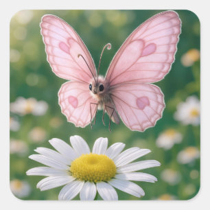 Mädchenhaft rosa Schmetterling und weiße Gänseblum Quadratischer Aufkleber