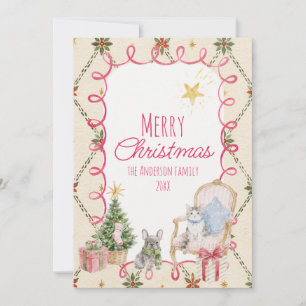 Mädchenhaft Rosa Whimsical Süße Welpen Katze Warme Feiertagskarte