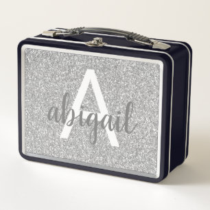 Mädchenhaft silberner Glitter-Sparkle-Monogramm-Na Metall Brotdose