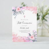 mädchenhafte erste Kommunion Rosa Aquarellblüte Einladung (Stehend Vorderseite)