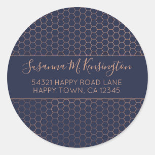 Mädchenhafte Navy- und Roségoldfolie-Sechseck-Adre Runder Aufkleber