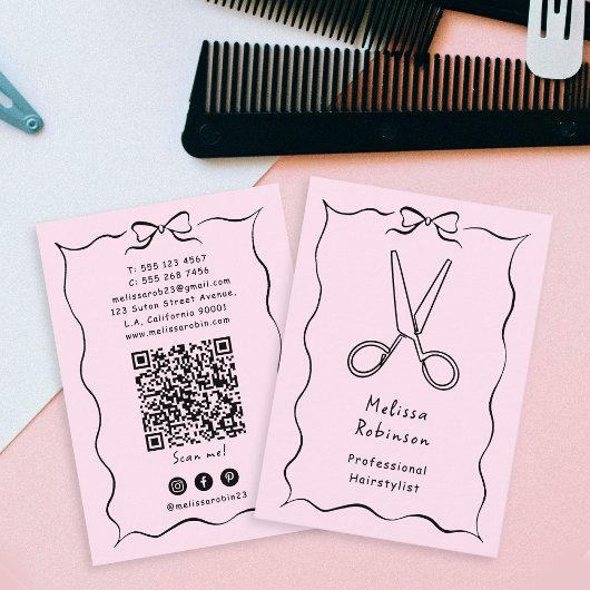Mädchenhafte rosa Friseurschere & Coquette QR-Code Visitenkarte