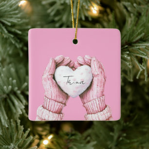 Mädchenhafte rosa Winterhandschuhe mit weißem Herz Keramikornament