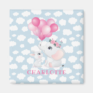 Mädchenhafter Elefant und Hase mit Blumen und Luft Magnet