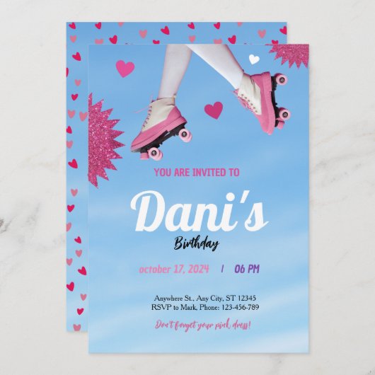 mädchenhafter Glitzer Rosa niedlicher blauer Himme Einladung (Vorne/Hinten)