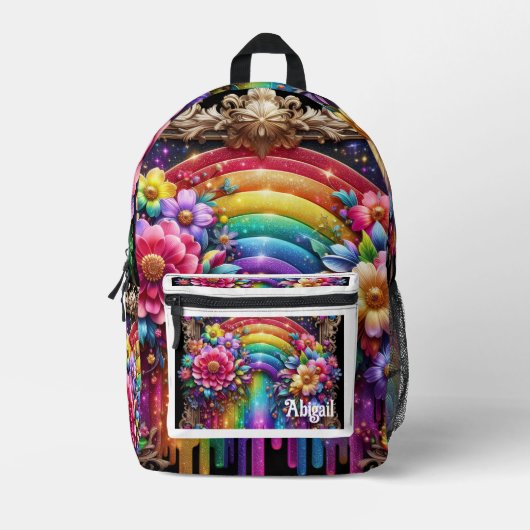 Mädchenhafter Regenbogen-Blumen-Rucksack mit Glitt Bedruckter Rucksack (Vorderseite)