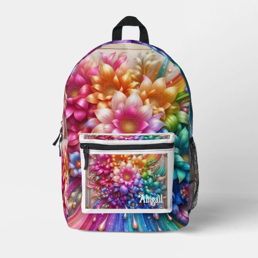 Mädchenhafter Regenbogen-Blumen-Rucksack mit Glitt Bedruckter Rucksack (Vorderseite)