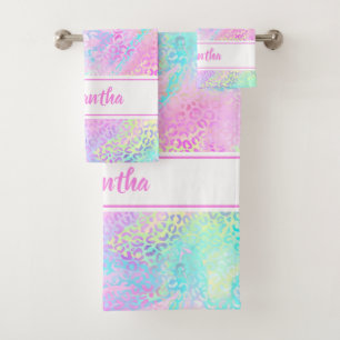 Mädchenhafter Regenbogen-Schimmer-Leoparden-Druck  Badhandtuch Set