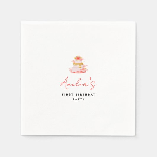 Mädchenhafter rosa Blumenkuchen-Geburtstagsfeier Serviette (Vorderseite)