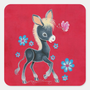 Mädchenhaftes Baby Eselchen mit Blumen Quadratischer Aufkleber