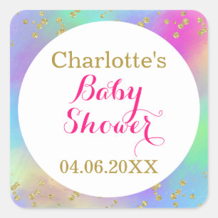 Mädchenhaftes Baby Shower Farbige Einhorn Gold Gli Quadratischer Aufkleber