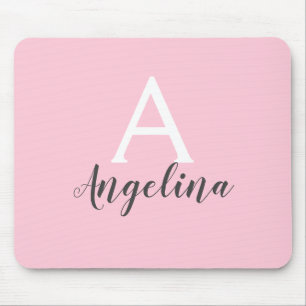 Mädchenhaftes Blassrosa Weiß & Grau Monogramm Name Mousepad