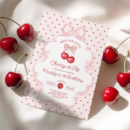 Mädchenhaftes Cherry-Erste-1.-Geburtstagsfeier Einladung