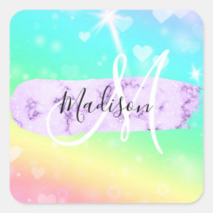 Mädchenhaftes Farbige Einhorn Regenbogen Herzen Mo Quadratischer Aufkleber