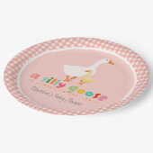 Mädchenhaftes Gingham-Tölpel-Baby-Shower Pappteller (Schrägansicht)