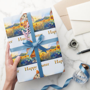 Mädchenhaftes Kaninchen Sonnenblumenfeld Frohe Ost Geschenkpapier