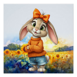 Mädchenhaftes Kaninchen Sonnenblumenfeld Poster