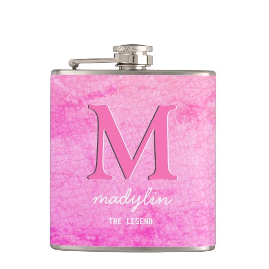 Mädchenhaftes Kunstleder Rosa Monogramm Name Flachmann (Vorderseite)