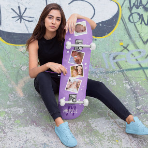 Mädchenhaftes lila Familienfoto-Kollage Skateboard