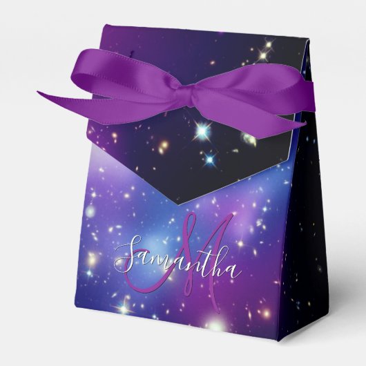 Mädchenhaftes lila Galaxy-Celestial-Monogramm Geschenkschachtel (Vorderseite)