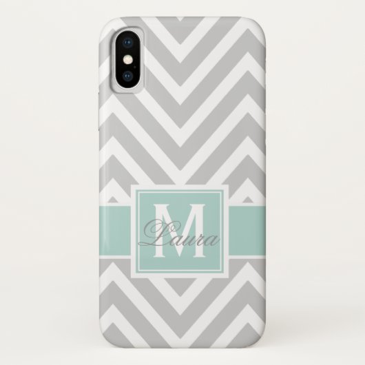 Mädchenhaftes Mintgrün Grau Chevron Monogramm Name Case-Mate iPhone Hülle (Rückseite)