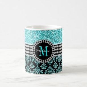 Mädchenhaftes Monogramm Aquablau Glitter Damast Na Kaffeetasse