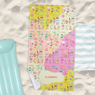 Mädchenhaftes Pastellrosa Kawaii-Gekritzel Strandtuch