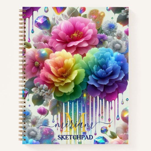 Mädchenhaftes Regenbogen-Blumen-Monogramm Notizblock (Vorderseite)