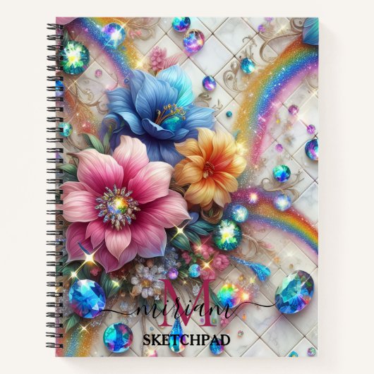 Mädchenhaftes Regenbogen-Blumen-Monogramm Notizblock (Vorderseite)