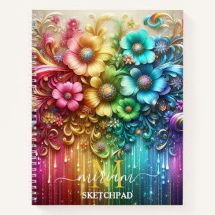 Mädchenhaftes Regenbogen-Blumen-Monogramm Notizblock