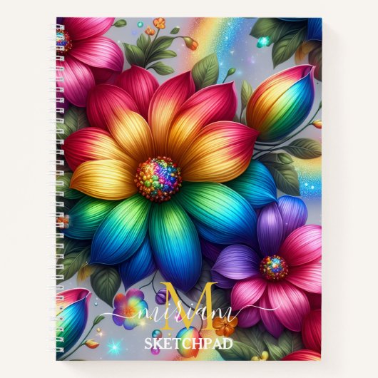 Mädchenhaftes Regenbogen-Blumen-Monogramm Notizblock (Vorderseite)