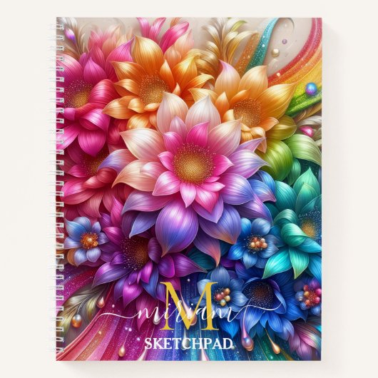 Mädchenhaftes Regenbogen-Blumen-Monogramm Notizblock (Vorderseite)