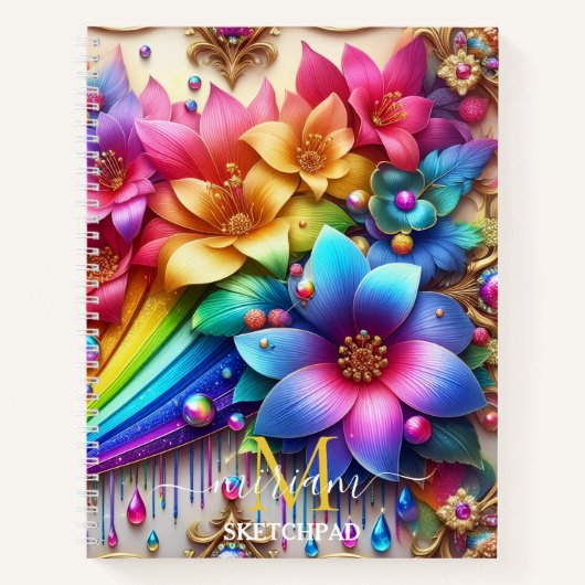 Mädchenhaftes Regenbogen-Blumen-Monogramm Notizblock (Vorderseite)